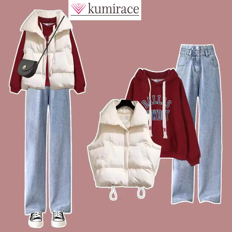 2023 Korean Style Student Hoodie Thickened Waistcoat Jeans Three Piece Elegant Women's Trousers Suit Winter Warm Outfits
2023 Korean Style Student Hoodie Thickened Waistcoat Jeans Three Piece Elegant Women's Trousers Suit Winter Warm Outfits