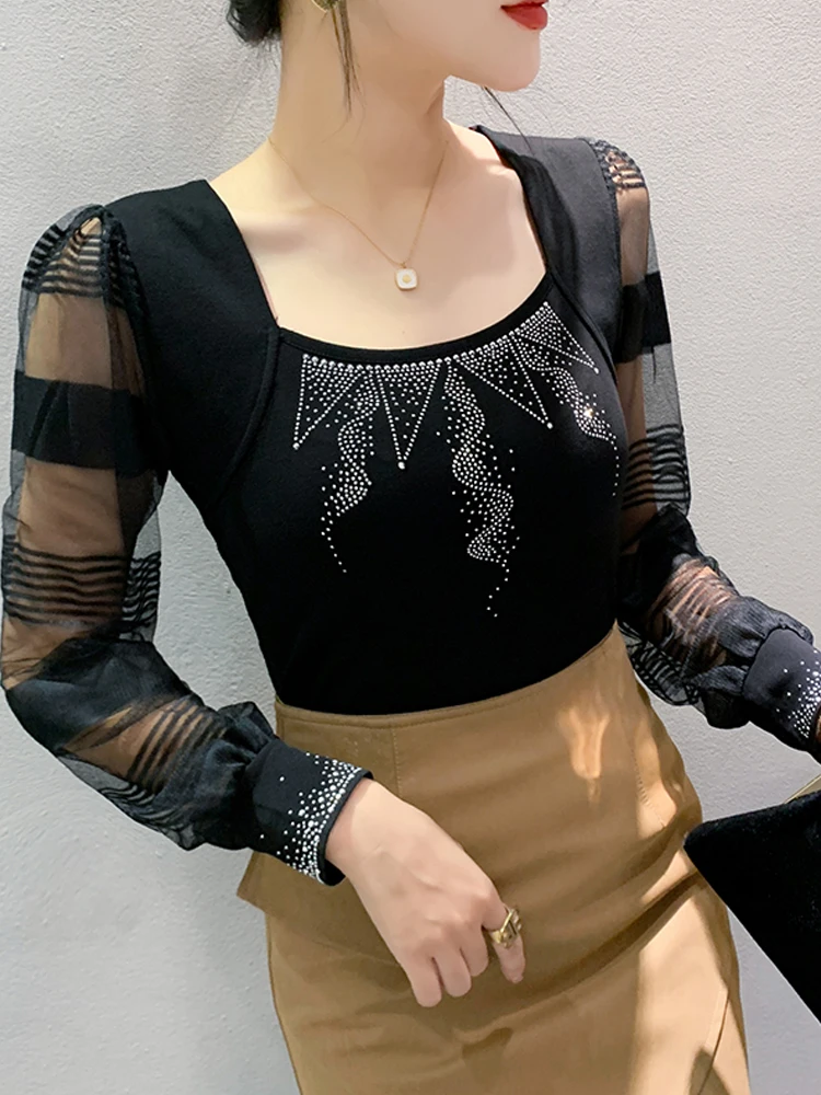 Winsketer Elegant Clothes Blouses Long Sleeve Shirts Women Sexy Square Collar Glitter Hot Drill Slim Mesh Tops Autumn T38708JC
Winsketer Elegant Clothes Blouses Long Sleeve Shirts Women Sexy Square Collar Glitter Hot Drill Slim Mesh Tops Autumn T38708JC