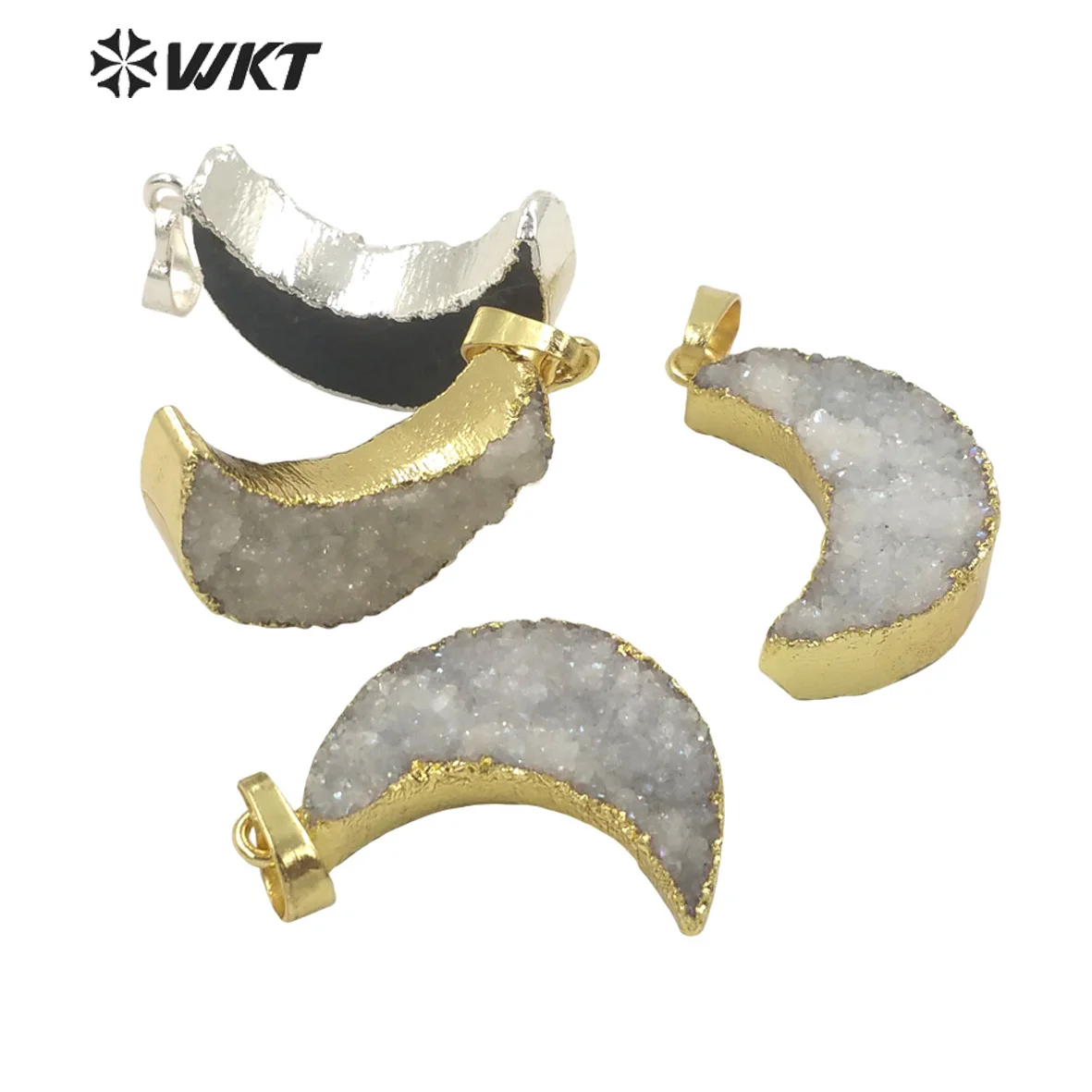 WT-P1706 WKT Natural Druzy Quartz Stone Pendant Moon Shape Gold Silve For Lady Jewelry Decoration
WT-P1706 WKT Natural Druzy Quartz Stone Pendant Moon Shape Gold Silve For Lady Jewelry Decoration