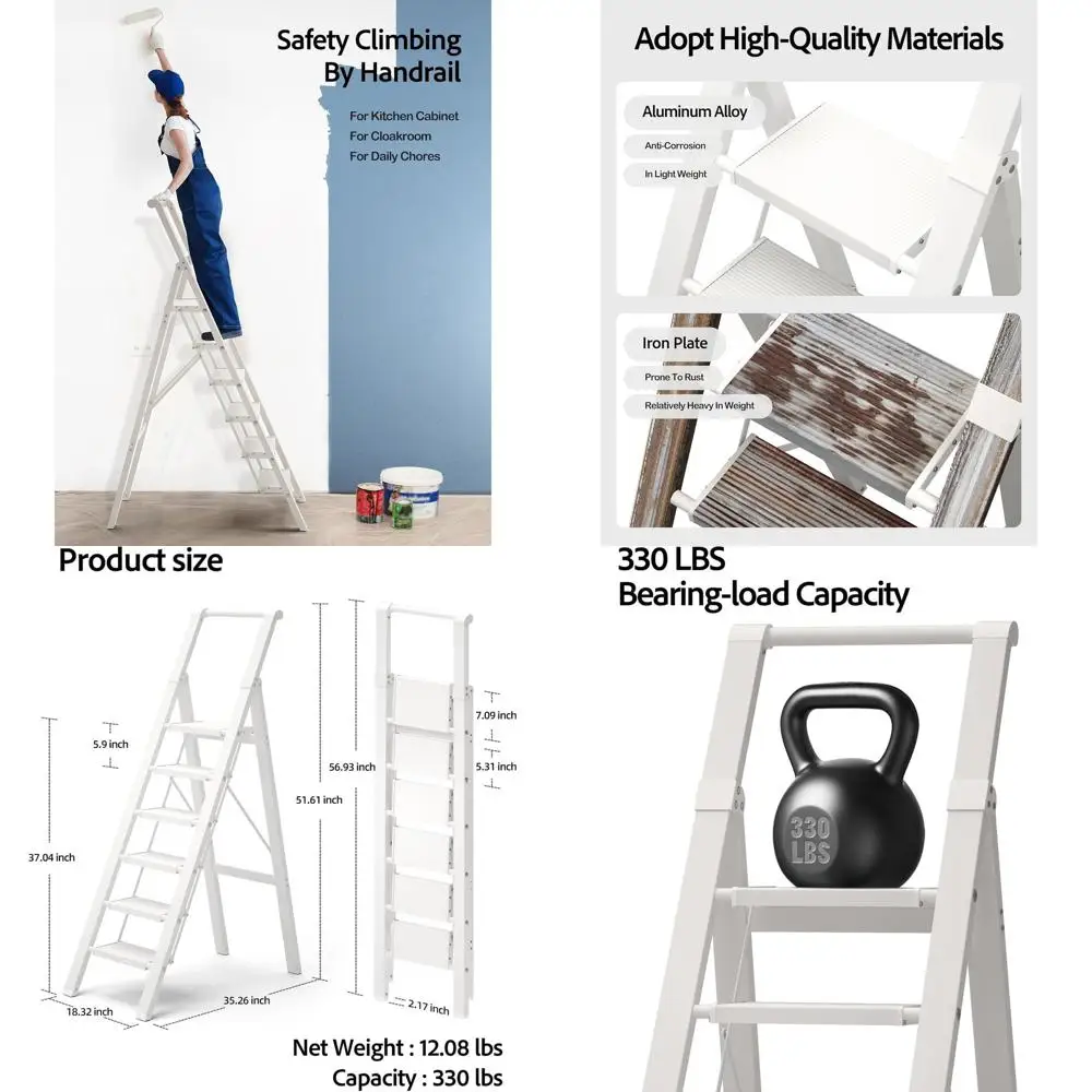 Алюминиевая 6-ступенчатая складная лестница с рукояткой, грузоподъемность 330 фунтов, идеально подходит для домашнего и офисного использования (белая)
Алюминиевая 6-ступенчатая складная лестница с рукояткой, грузоподъемность 330 фунтов, идеально подходит для домашнего и офисного использования (белая)