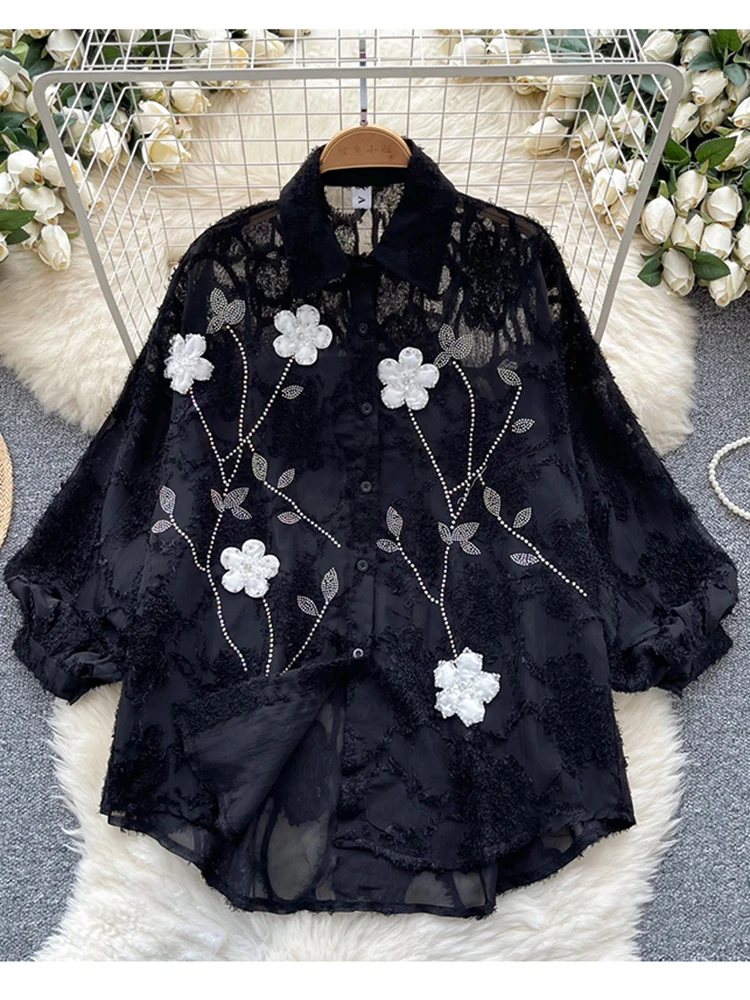 Spring Autumn New Diamond Studded Sequin Flower Lapel Lantern Sleeve Shirt Women Dopamine Sweet Oversized Loose Blouse Top C536
Spring Autumn New Diamond Studded Sequin Flower Lapel Lantern Sleeve Shirt Women Dopamine Sweet Oversized Loose Blouse Top C536