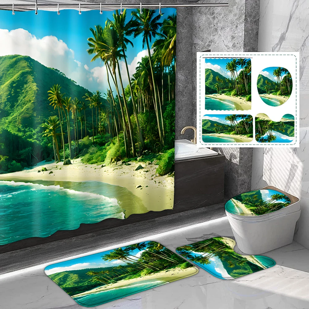 1 set of polyester printed beach coconut tree shower curtains, natural landscape style, with plastic hooks and bathroom mats
1 set of polyester printed beach coconut tree shower curtains, natural landscape style, with plastic hooks and bathroom mats