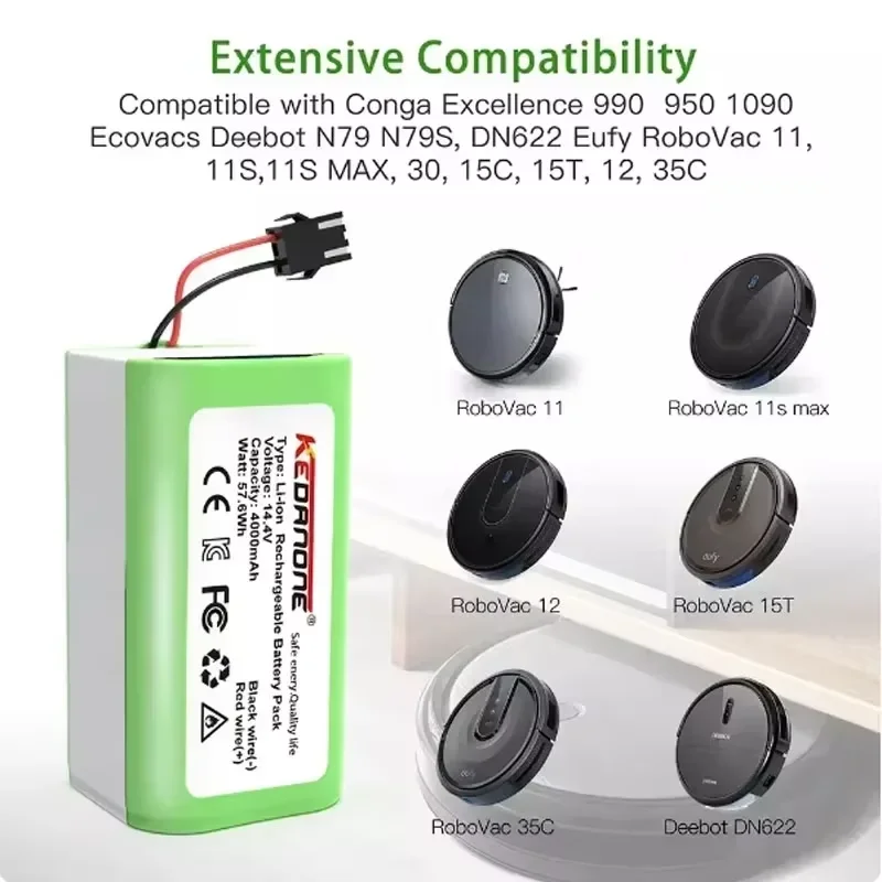 14.4V lithium ion battery for Conga Excellence 950 990 1090 1092 1190 1790 1990 Robovac 11S 15C 30C Max NETBOT S14 S15
14.4V lithium ion battery for Conga Excellence 950 990 1090 1092 1190 1790 1990 Robovac 11S 15C 30C Max NETBOT S14 S15