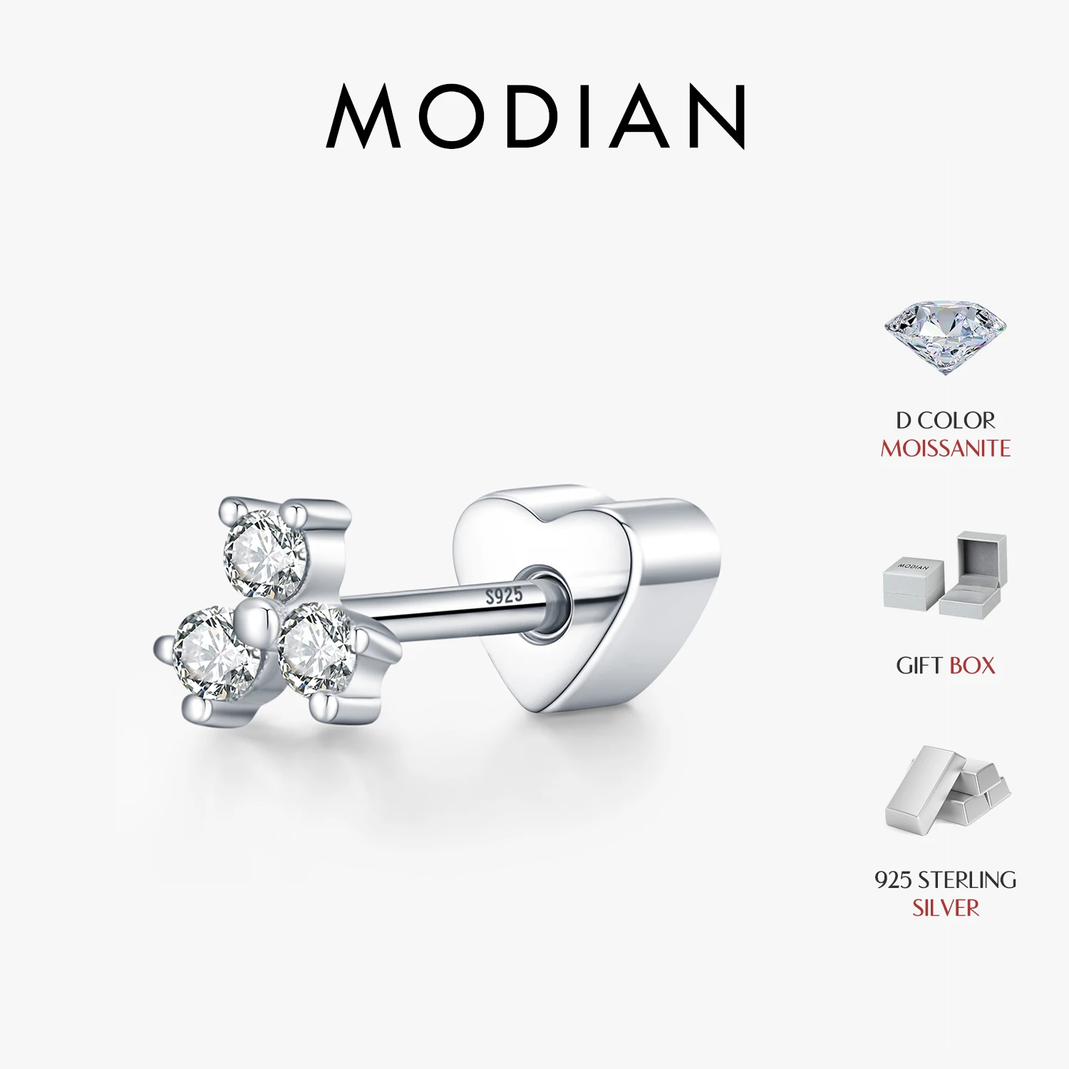 MODIAN 925 Sterling Sliver Three Round Moissanite Small Ear Studs Heart Screw Stud Earrings For Women Fine Jewelry
MODIAN 925 Sterling Sliver Three Round Moissanite Small Ear Studs Heart Screw Stud Earrings For Women Fine Jewelry