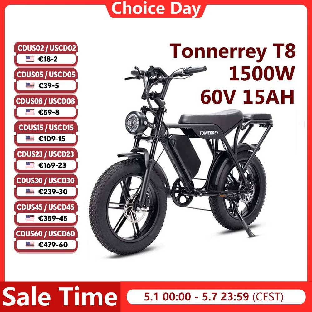Tonnerrey T8 Electric Bicycle 1500W 60V 15AH E-Bike 20" Fat Tire Electric Bike 28MPH Speed 60 Miles Range Electric Dirt Bike
Tonnerrey T8 Electric Bicycle 1500W 60V 15AH E-Bike 20" Fat Tire Electric Bike 28MPH Speed 60 Miles Range Electric Dirt Bike