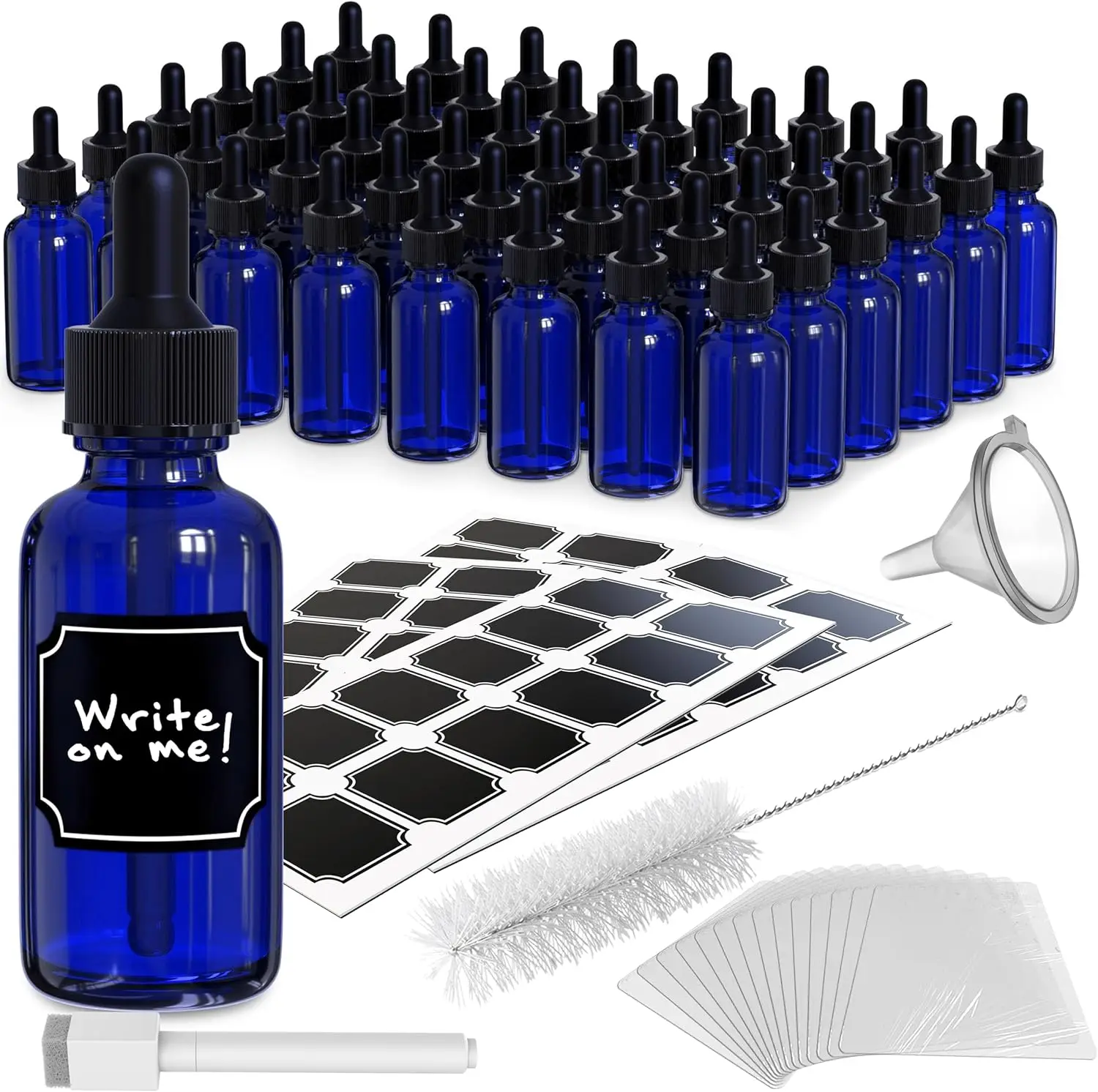 48 Pack 1 oz Cobalt Blue Glass Bottles with Dropper - Mini Tincture Bottles Set with Funnel, Brush, Shrink Wrap, Marker & Labels
48 Pack 1 oz Cobalt Blue Glass Bottles with Dropper - Mini Tincture Bottles Set with Funnel, Brush, Shrink Wrap, Marker & Labels