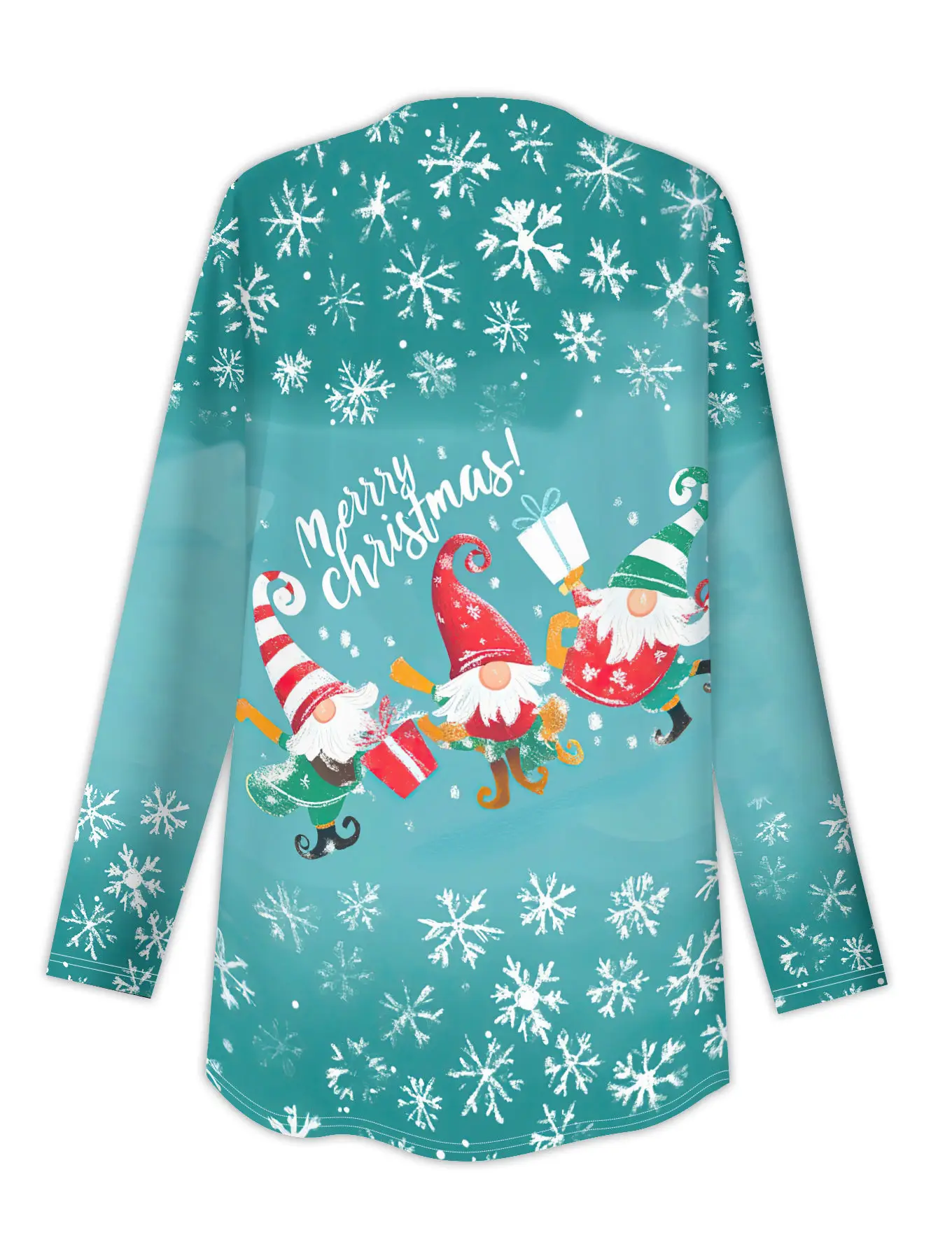 Women's Gnome Snowflake Cardigan, Turquoise Green 3D Print, Collar Long Sleeve Coat, Festive Winter Style
Women's Gnome Snowflake Cardigan, Turquoise Green 3D Print, Collar Long Sleeve Coat, Festive Winter Style