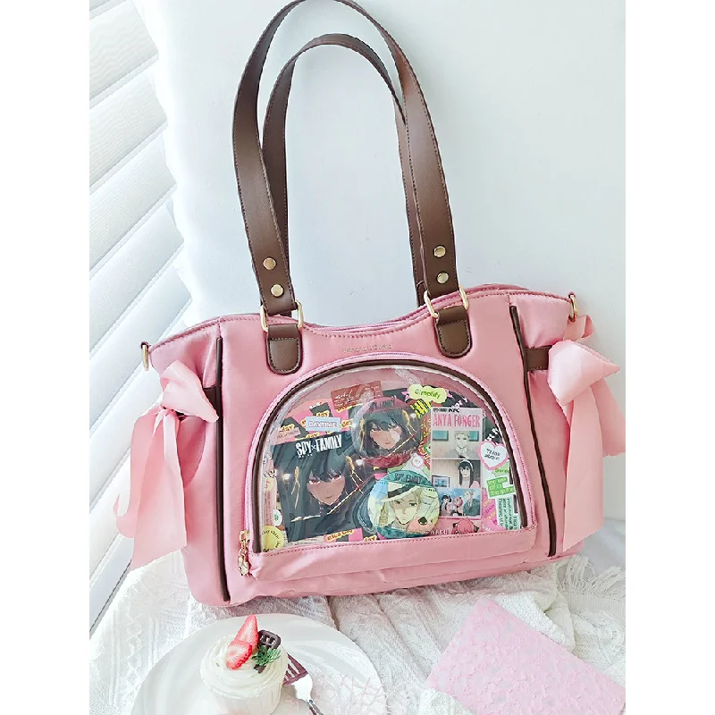 Pink Ita Tote Bag with Brown Trim, Clear Window Shoulder Bag with Ribbon Bow & Star Studs, Kawaii Anime Style for Pin & Card bag
Pink Ita Tote Bag with Brown Trim, Clear Window Shoulder Bag with Ribbon Bow & Star Studs, Kawaii Anime Style for Pin & Card bag
