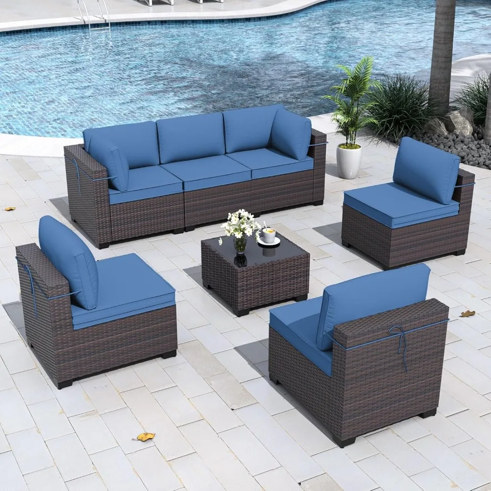 7-Piece Outdoor Patio Furniture Set - All-Weather PE Rattan Sectional Wicker with Replaceable Navy Waterproof Cushions & Coffee
7-Piece Outdoor Patio Furniture Set - All-Weather PE Rattan Sectional Wicker with Replaceable Navy Waterproof Cushions & Coffee
