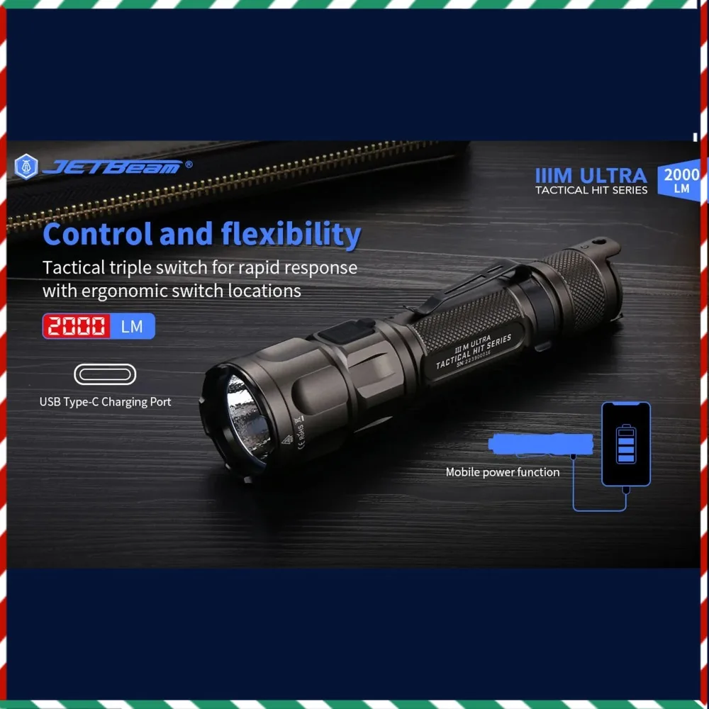 JETBeam 3M ULTRA EDC Tactical LED Flashlight, 2000 Lumens, USB-C Rechargeable, Water-Resistant, Everyday Carry, Army Gray
JETBeam 3M ULTRA EDC Tactical LED Flashlight, 2000 Lumens, USB-C Rechargeable, Water-Resistant, Everyday Carry, Army Gray