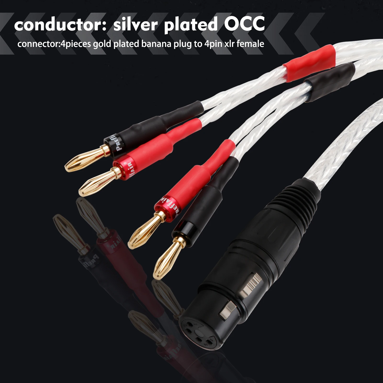 Audiophile OCC Silver Plated HiFi Audio Cable XLR 4 Pin Female Connector to Deluxe Gold Plated Banana Plug for Amplifier Speaker
Audiophile OCC Silver Plated HiFi Audio Cable XLR 4 Pin Female Connector to Deluxe Gold Plated Banana Plug for Amplifier Speaker