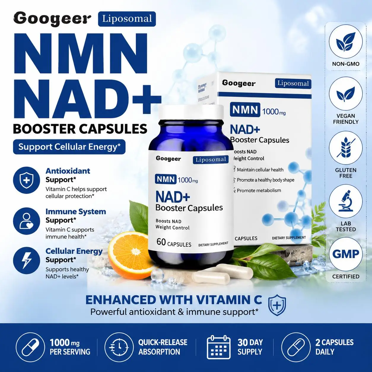 Googeer Liposomal NMN 1000mg NAD+ Booster Capsules Vitamin C - Cellular Energy, Antioxidant & Immune Support, 60 Vegan Non-GMO
Googeer Liposomal NMN 1000mg NAD+ Booster Capsules Vitamin C - Cellular Energy, Antioxidant & Immune Support, 60 Vegan Non-GMO