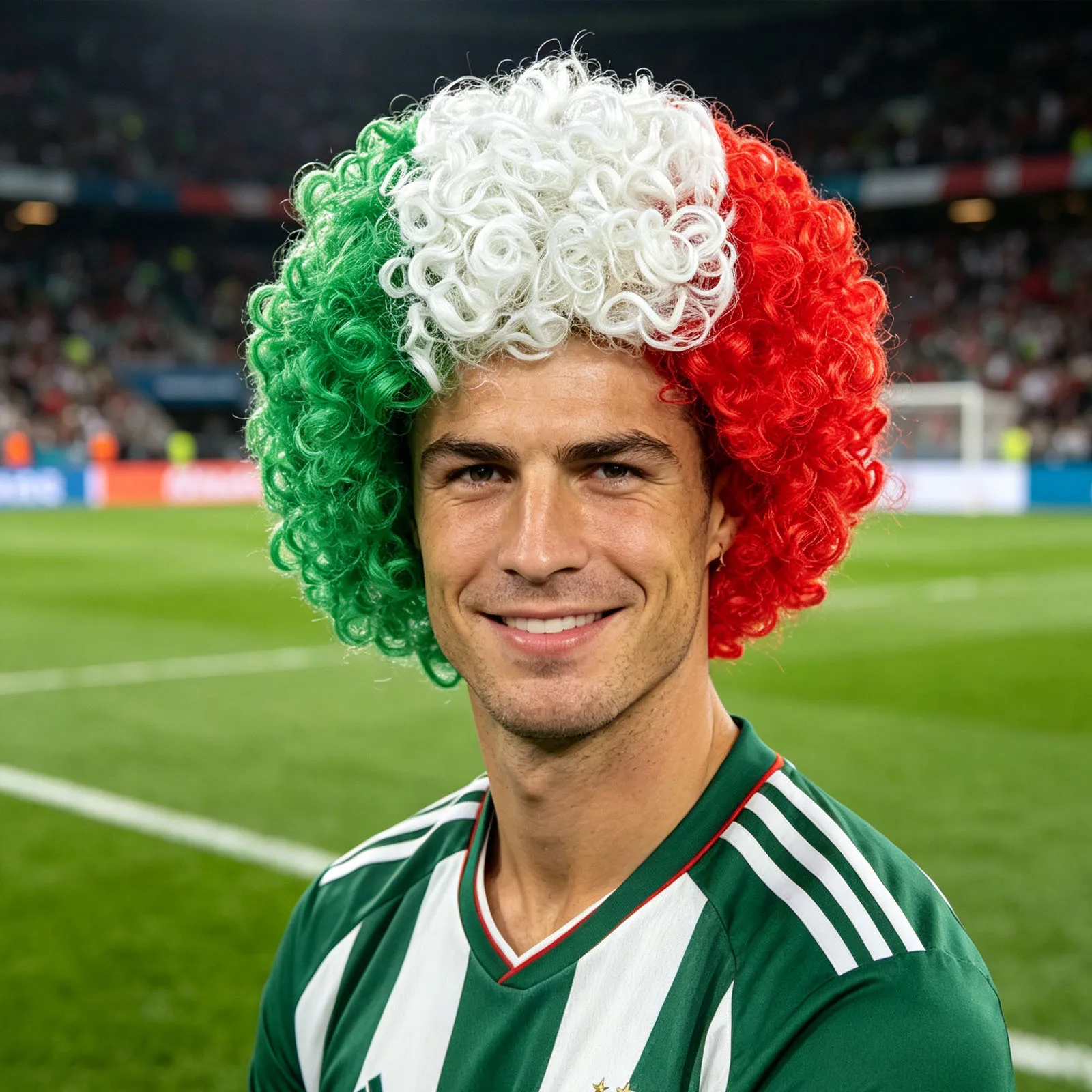 Italy Green White Red Split Afro Wig With Face Stickers Football Fan Sports Party Cosplay Wig Synthetic Wig
Italy Green White Red Split Afro Wig With Face Stickers Football Fan Sports Party Cosplay Wig Synthetic Wig
