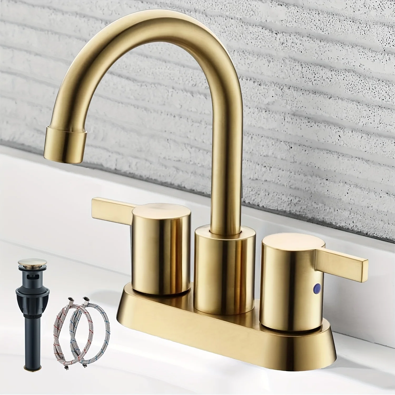 Modern Bathroom Faucet with a 4-Inch, 2-Handle Centerset Design, Featuring a 360-Degree Swivel Spout. Suitable for 2-3 Hole RV Bathroom Vanity Sinks, It Includes a Pop-Up Drain And Water Supply Lines, Available in Brushed Golden, Matte Black
Modern Bathroom Faucet with a 4-Inch, 2-Handle Centerset Design, Featuring a 360-Degree Swivel Spout. Suitable for 2-3 Hole RV Bathroom Vanity Sinks, It Includes a Pop-Up Drain And Water Supply Lines, Available in Brushed Golden, Matte Black