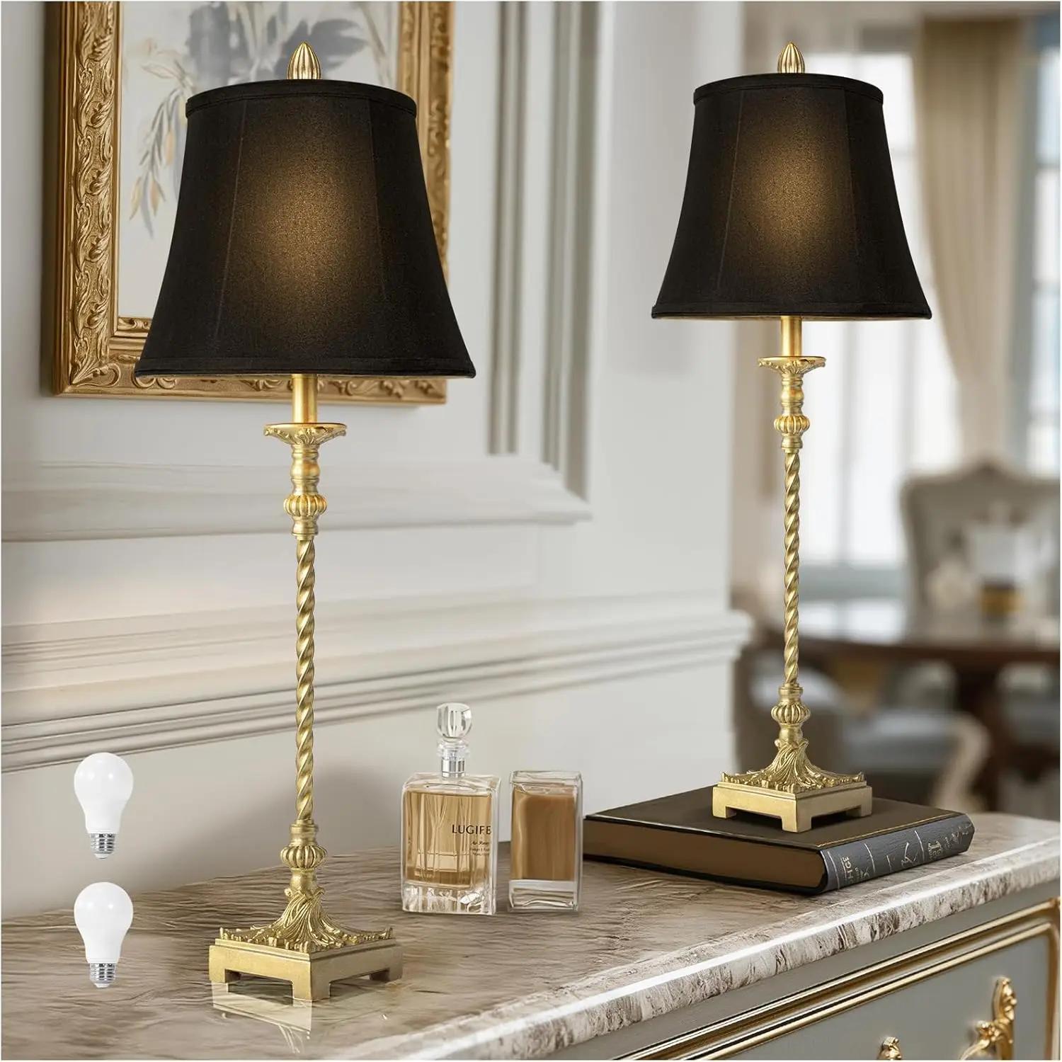 Set of 2 Vintage Gold Leaf Table Lamps with Black Linen Shades, 33'' Tall, Dimmable Bulbs Included for Living Room Bedroom
Set of 2 Vintage Gold Leaf Table Lamps with Black Linen Shades, 33'' Tall, Dimmable Bulbs Included for Living Room Bedroom