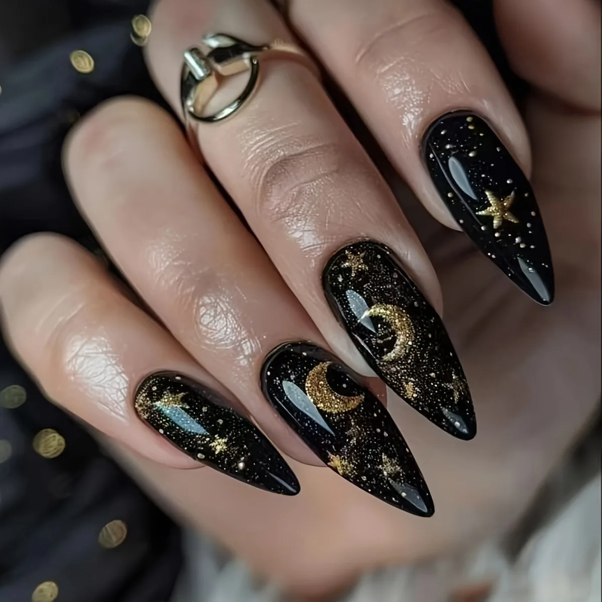 24PC Black Almond Shaped Nail Tips with Shiny Gold Star Design Unique Personality Enhancing Wearable Nails
24PC Black Almond Shaped Nail Tips with Shiny Gold Star Design Unique Personality Enhancing Wearable Nails