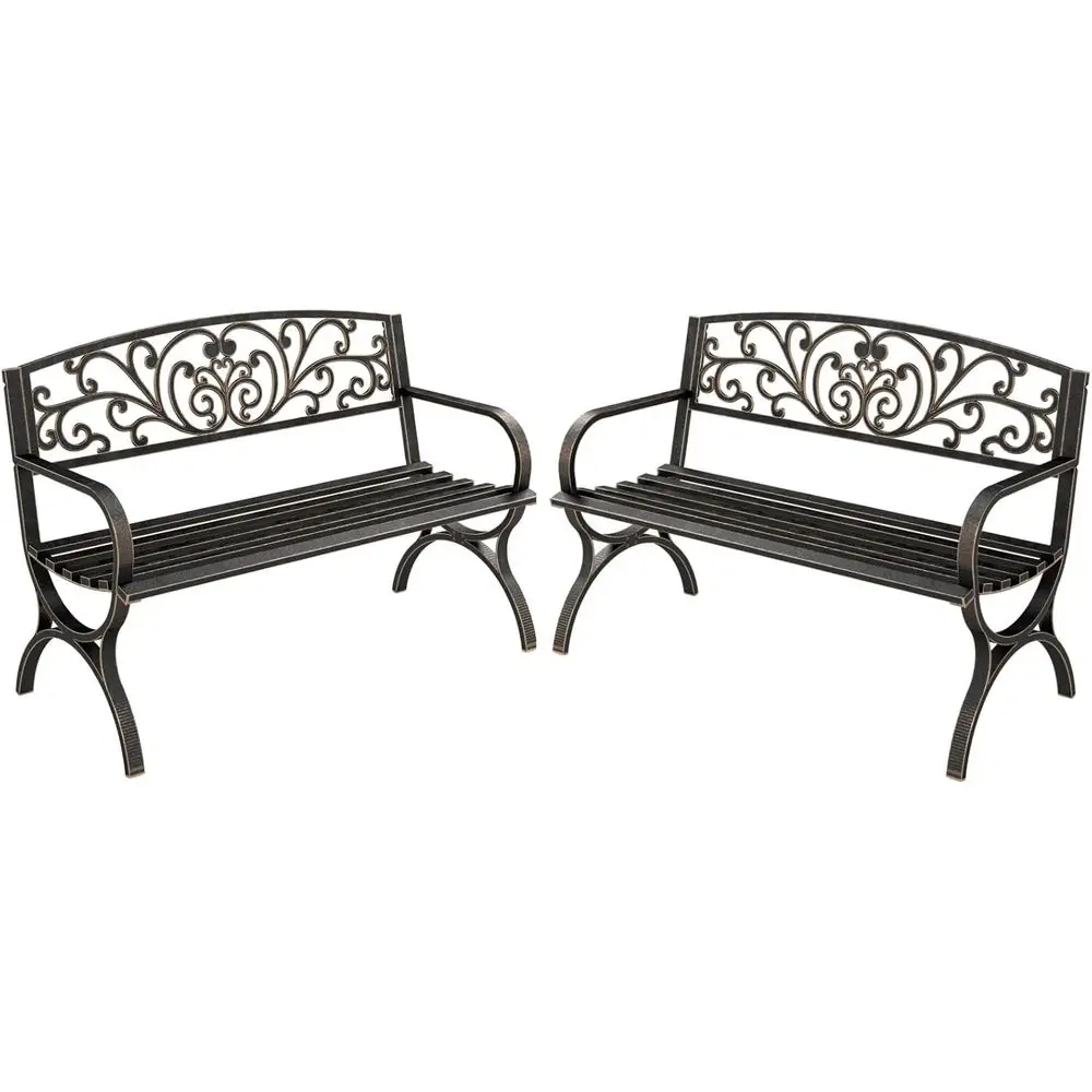 50-Inch Outdoor Metal Garden Bench with Cast Iron, Floral Backrest, Arch Legs - Bronze
50-Inch Outdoor Metal Garden Bench with Cast Iron, Floral Backrest, Arch Legs - Bronze