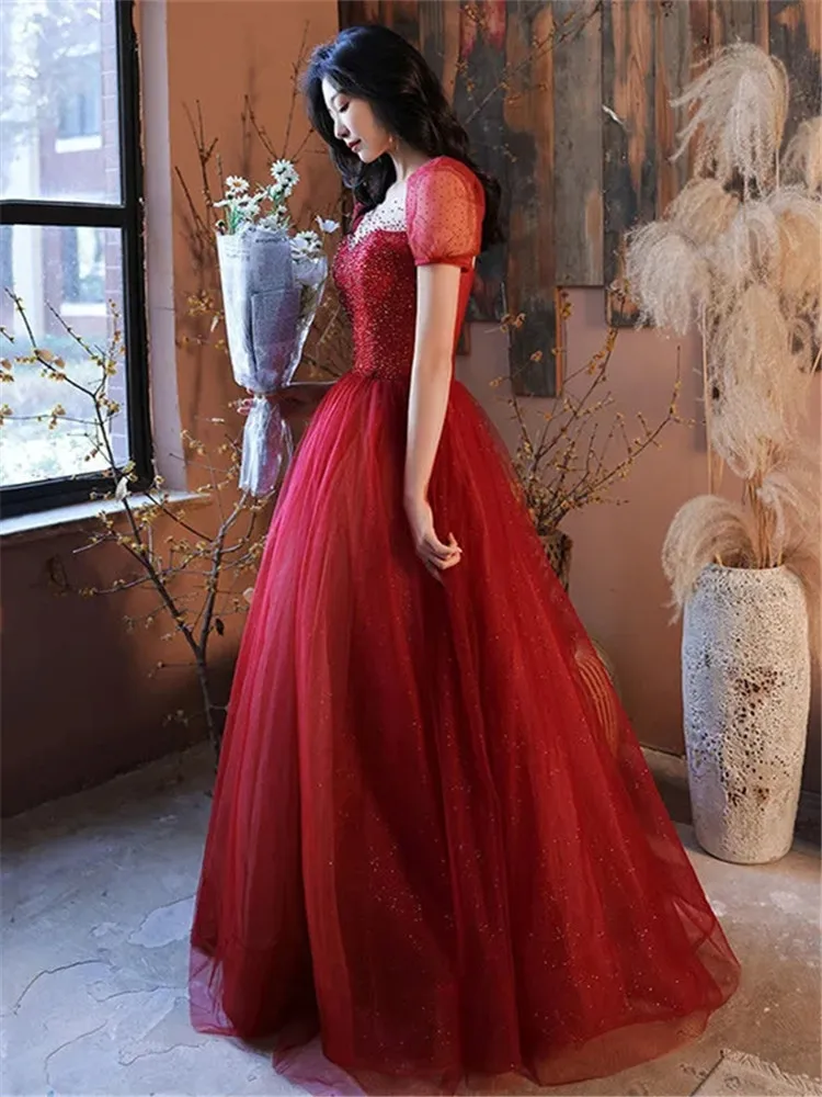 Wine Red Dress Women Summer Solid Color Splicing Sequins Lace Square Collar Short Sleeve Long A-line Skirt Female Clothing M038
Wine Red Dress Women Summer Solid Color Splicing Sequins Lace Square Collar Short Sleeve Long A-line Skirt Female Clothing M038