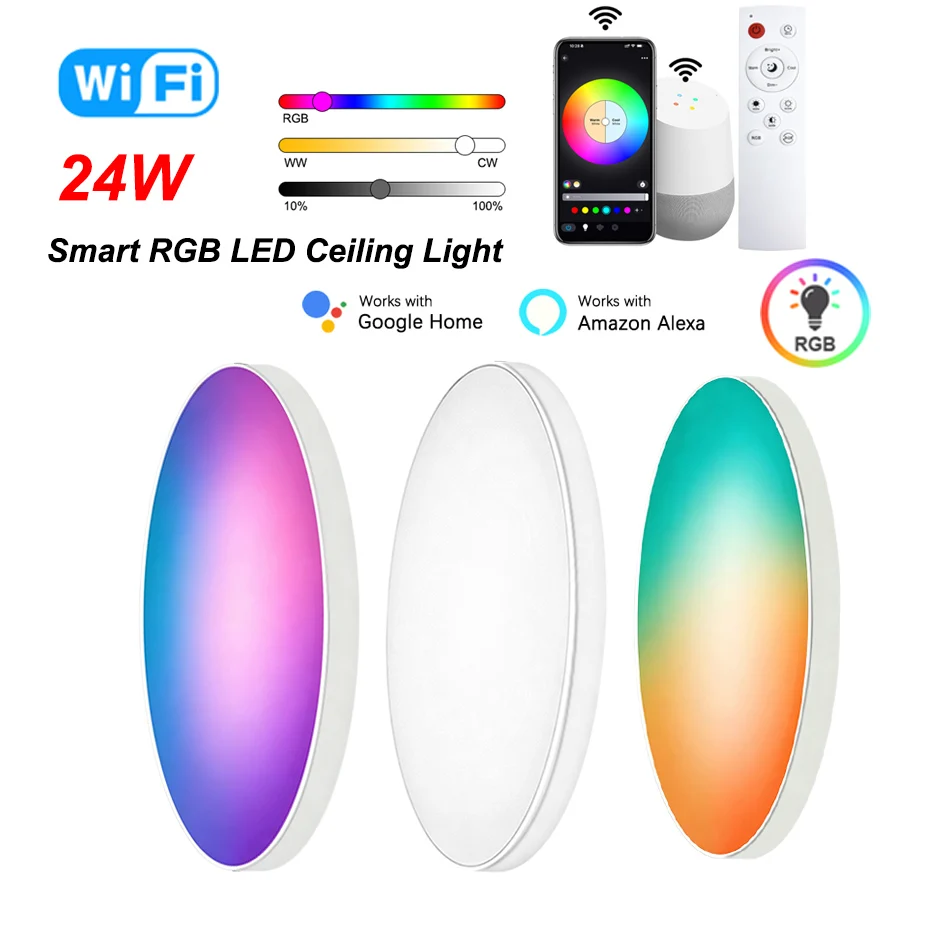 24W RGB Modern WiFi Smart Ceiling Lamp Ultrathin Surface Mounting Dimmable with APP+Remote Voice Control for Home Lighting
24W RGB Modern WiFi Smart Ceiling Lamp Ultrathin Surface Mounting Dimmable with APP+Remote Voice Control for Home Lighting