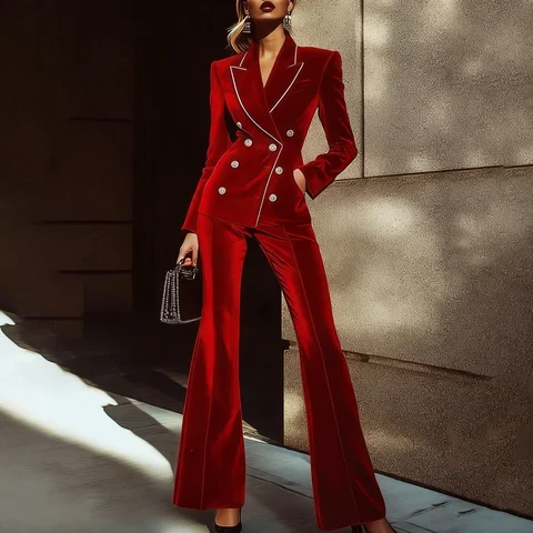 2025 primavera verão senhora do escritório veludo vermelho luxo feminino terno moda duplo breasted 2 peças blazer calças roupas chiques
