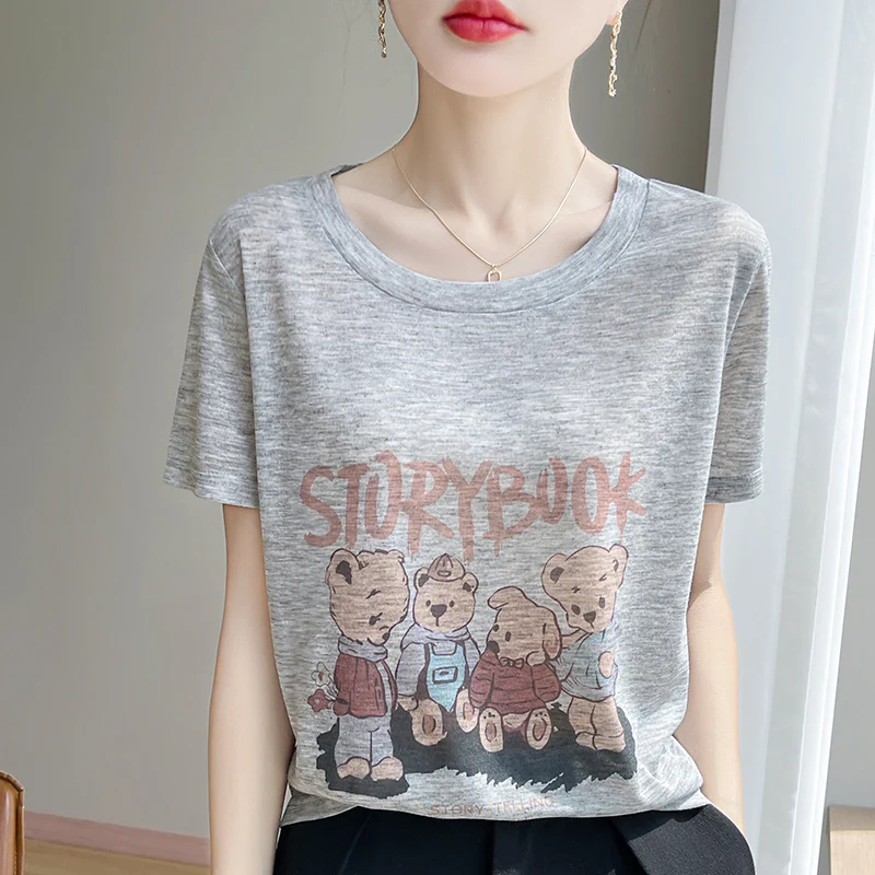Summer new Lyocell T-shirt women's casual knitted short sleeved loose T-shirt O-neck pullover short sleeved printed women's top
Summer new Lyocell T-shirt women's casual knitted short sleeved loose T-shirt O-neck pullover short sleeved printed women's top
