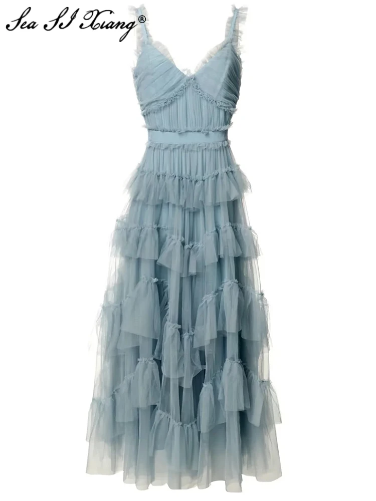 Seasixiang Fashion Designer Summer Mesh Dress Women Spaghetti Strap V-Neck Cascading Ruffle Elegant Party Long Dresses
Seasixiang Fashion Designer Summer Mesh Dress Women Spaghetti Strap V-Neck Cascading Ruffle Elegant Party Long Dresses