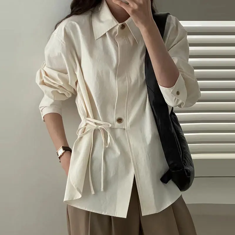 Chic Autumn Simple Unique Turn-down Collar Two-button Waist-cinching Long Sve irt Top Side-tie Loose Fit Cotton Blend
Chic Autumn Simple Unique Turn-down Collar Two-button Waist-cinching Long Sve irt Top Side-tie Loose Fit Cotton Blend