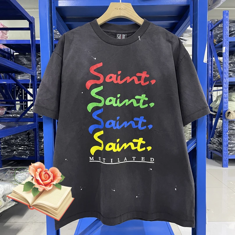 Rainbow Stain SAINT Print Logo Washed T-shirt High Quality High Street Cotton Tee Men Women Summer Daily Short Sleeve T Shirt
Rainbow Stain SAINT Print Logo Washed T-shirt High Quality High Street Cotton Tee Men Women Summer Daily Short Sleeve T Shirt