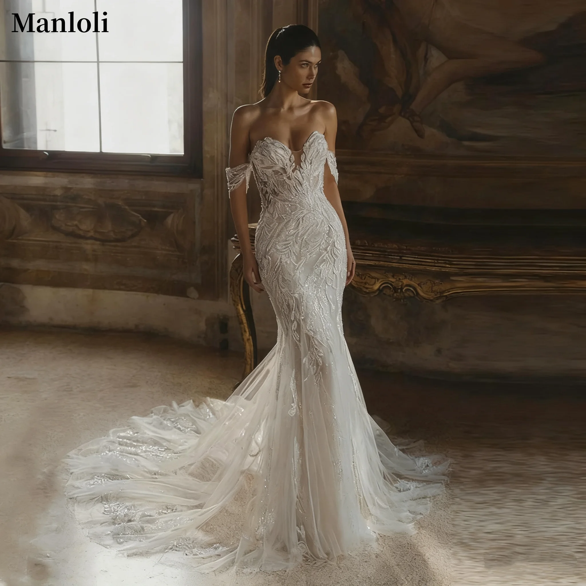 Elegant V-neck Off Shoulder Mermaid Wedding Dress Exquisite Lace Decal Shining Bride Dress Romantic Wedding Dress Custom
Elegant V-neck Off Shoulder Mermaid Wedding Dress Exquisite Lace Decal Shining Bride Dress Romantic Wedding Dress Custom