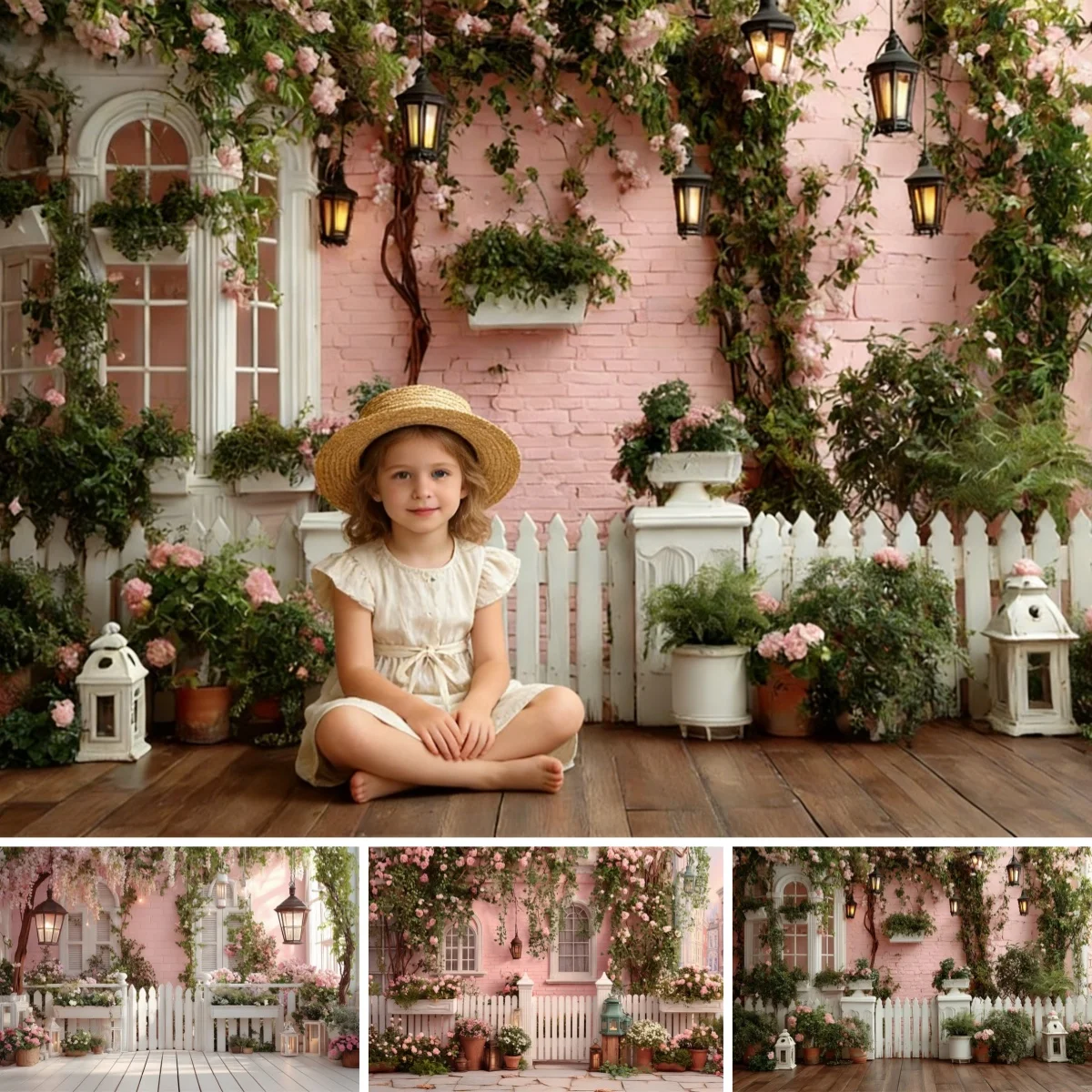 Spring Garden Backdrop Flowers Courtyard Backdrop Pink Wall Floral Vine White Fence Lantern for Child Photo Themed Event Decor
Spring Garden Backdrop Flowers Courtyard Backdrop Pink Wall Floral Vine White Fence Lantern for Child Photo Themed Event Decor