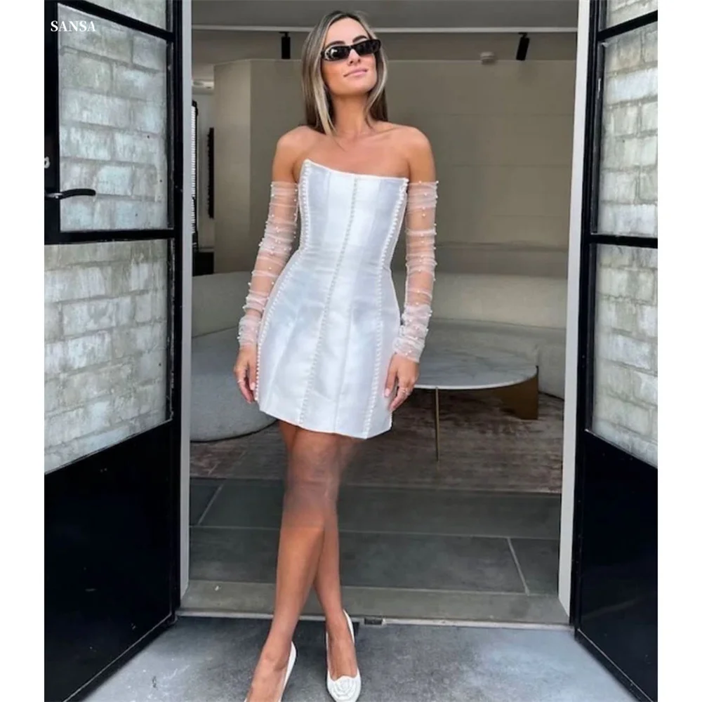Sansa White Strapless Mimi 3/4 Length Sleeve Prom Dress A-Line Lace Customized Party Dress Pearl Appliques Evening Dresses
Sansa White Strapless Mimi 3/4 Length Sleeve Prom Dress A-Line Lace Customized Party Dress Pearl Appliques Evening Dresses