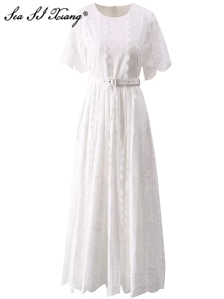 Seasixiang Fashion Designer Summer Dress Women's O-Neck Short Sleeves Belt Embroidery Vintage Solid Color Dresses
Seasixiang Fashion Designer Summer Dress Women's O-Neck Short Sleeves Belt Embroidery Vintage Solid Color Dresses