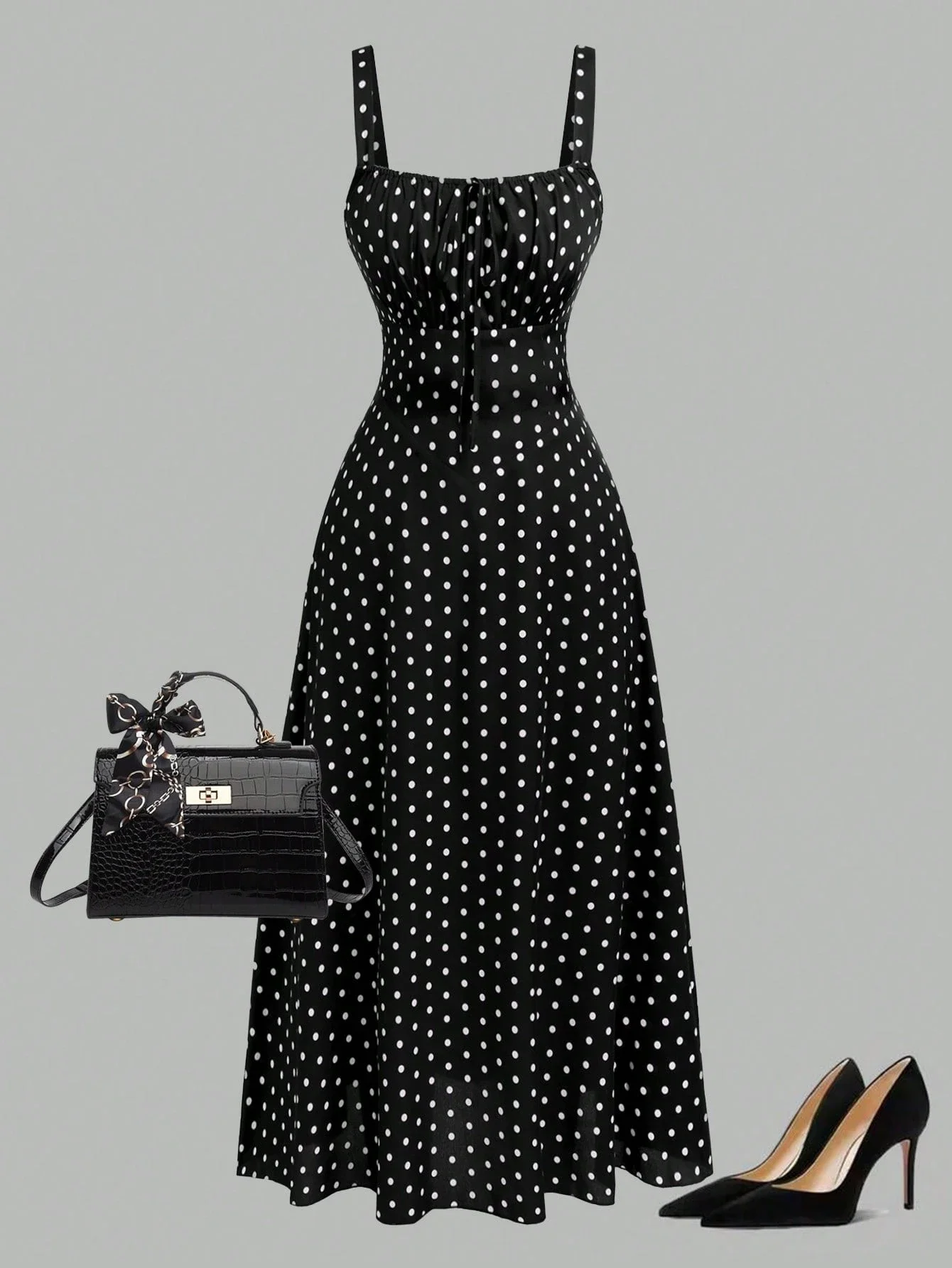 Black White Polka Dot Midi Dress With Square Neck And Tie Back
Black White Polka Dot Midi Dress With Square Neck And Tie Back