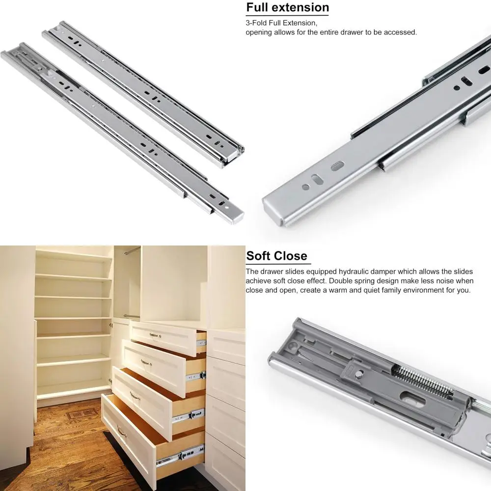 Направляющие ящика с шарикоподшипниками Soft Close, 5 пар — длина от 12 до 22 дюймов — грузоподъемность 100 фунтов — боковое крепление с винтами, сверхмощная D
Направляющие ящика с шарикоподшипниками Soft Close, 5 пар — длина от 12 до 22 дюймов — грузоподъемность 100 фунтов — боковое крепление с винтами, сверхмощная D