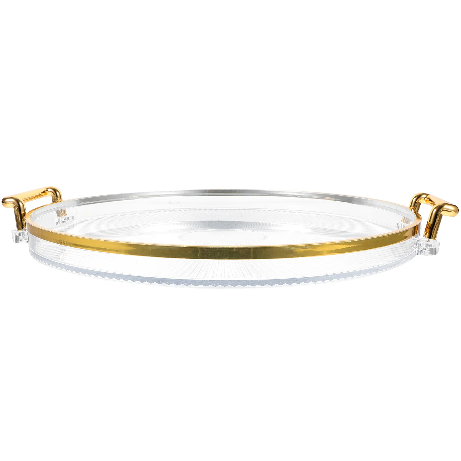 Gold Rimmed Round Tray Transparent Striped Design With Edge Large Capacity Fruits Candy Teacups Jewelry Storage Decorative
Gold Rimmed Round Tray Transparent Striped Design With Edge Large Capacity Fruits Candy Teacups Jewelry Storage Decorative