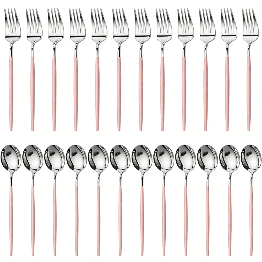 24-pcs stainless steel cutlery set in silver and pink, with a mirror finish. The set includes a fork and a spoon.
24-pcs stainless steel cutlery set in silver and pink, with a mirror finish. The set includes a fork and a spoon.