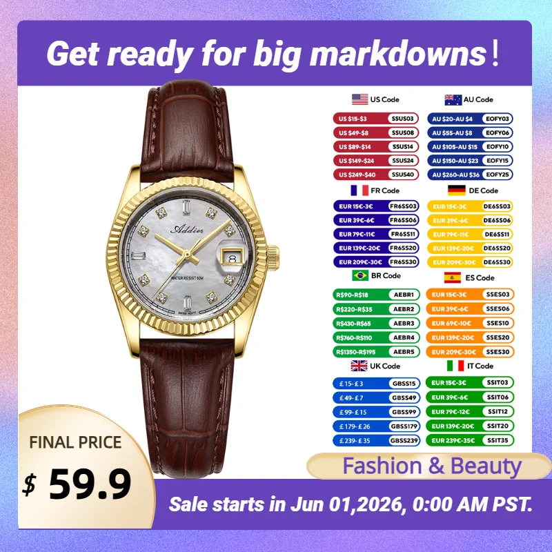 Addies High-End Luxury Lady Quartz Watch Sapphire Pearl Dial Women's Stainless Steel Watch Czech Rhinestones Waterproof Watches
Addies High-End Luxury Lady Quartz Watch Sapphire Pearl Dial Women's Stainless Steel Watch Czech Rhinestones Waterproof Watches