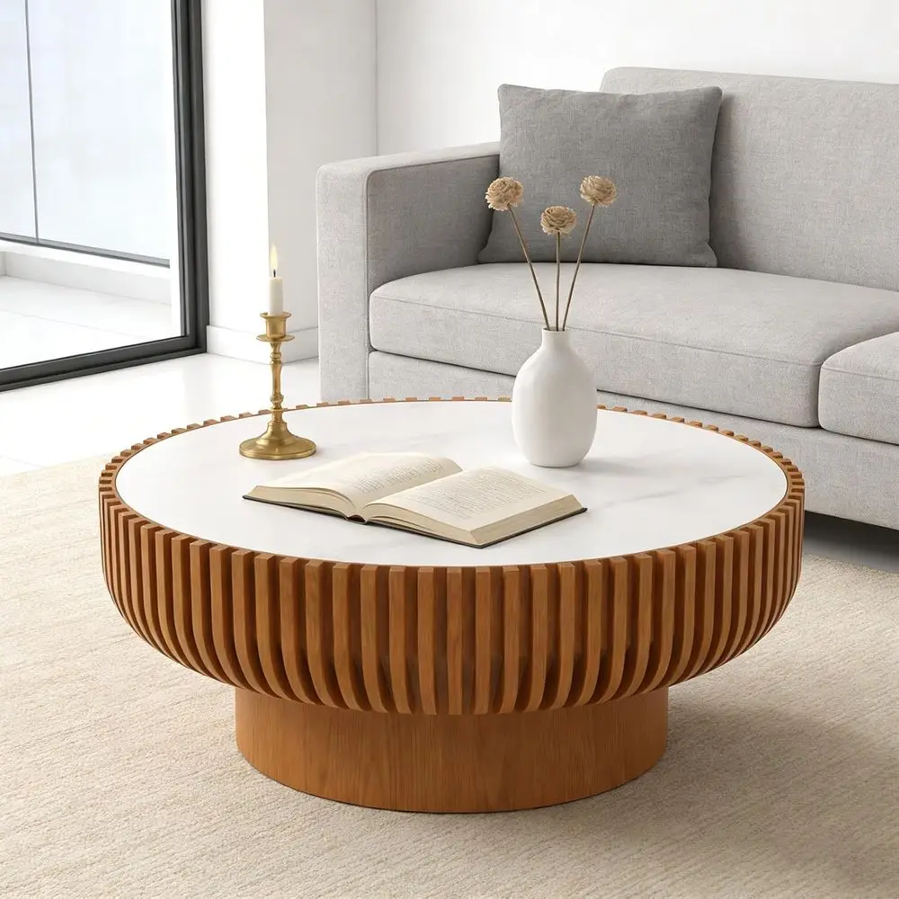 Contemporary 31.5 Round Wood Coffee Table with Rock Slab Top and Pedestal Base for Small Spaces
Contemporary 31.5 Round Wood Coffee Table with Rock Slab Top and Pedestal Base for Small Spaces