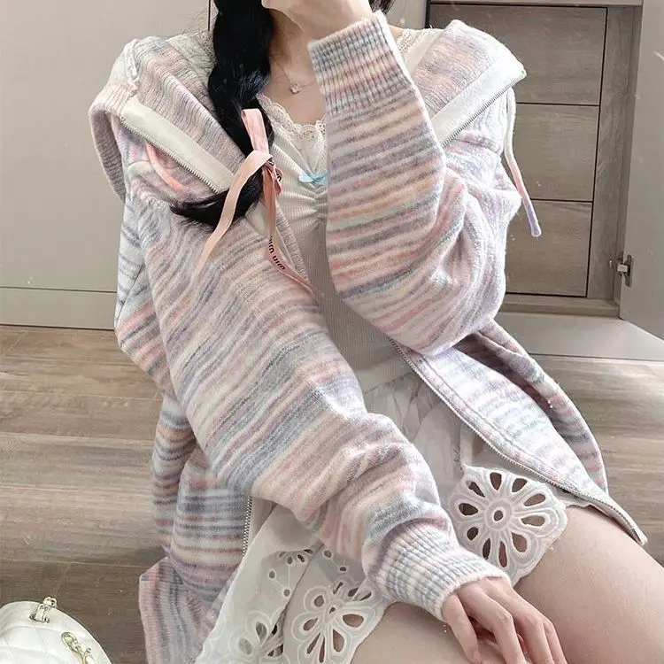 Rainbow Striped Hooded Sweater Cardigan Women's Spring and Autumn Japanese Lazy Retro Soft Glutinous Knitted Zipper Jacket
Rainbow Striped Hooded Sweater Cardigan Women's Spring and Autumn Japanese Lazy Retro Soft Glutinous Knitted Zipper Jacket
