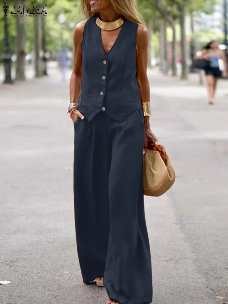 ZANZEA Woman Elegant Old Money Style 2 Piece Sets V-Neck Sleeveless Vests Tops Wide Leg Pant Two Piece Outfits Commute Pant Sets
ZANZEA Woman Elegant Old Money Style 2 Piece Sets V-Neck Sleeveless Vests Tops Wide Leg Pant Two Piece Outfits Commute Pant Sets