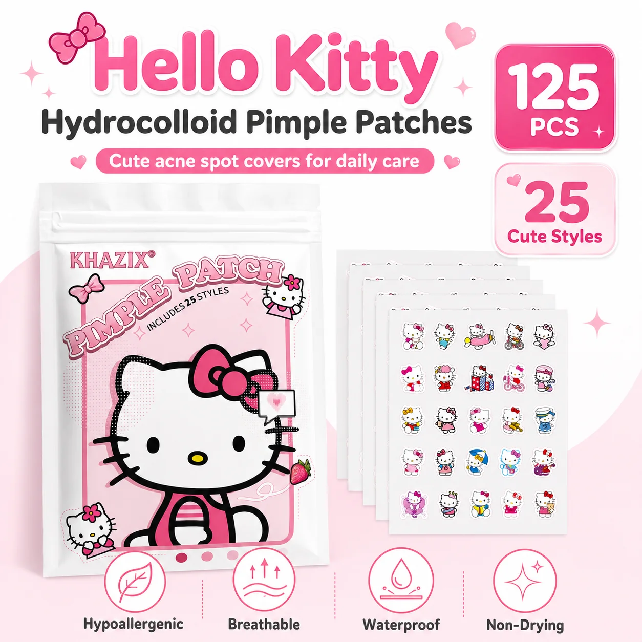 Hello Kitty Cute Pimple Patches, 125pcs Hydrocolloid Acne Spot Covers, 25 Fun Designs, Gentle, Waterproof, Skin-Friendly
Hello Kitty Cute Pimple Patches, 125pcs Hydrocolloid Acne Spot Covers, 25 Fun Designs, Gentle, Waterproof, Skin-Friendly