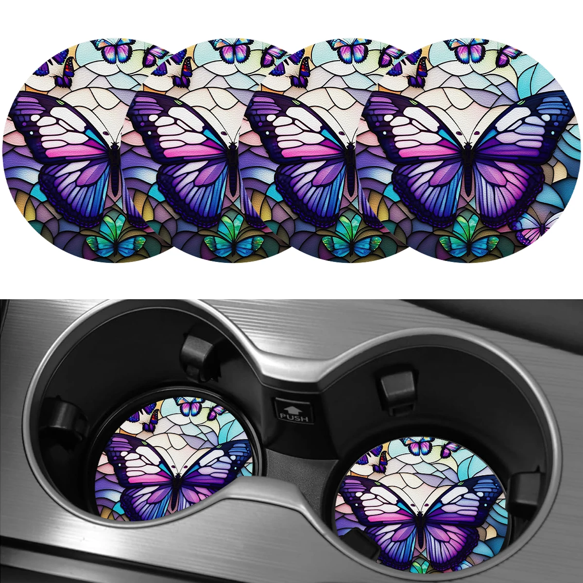 4pcs Purple Butterfly Pattern Design Car Cup Mat -2.755in Car Water Cup Mat PU Leather Butterfly Beverage Cup Mat 
4pcs Purple Butterfly Pattern Design Car Cup Mat -2.755in Car Water Cup Mat PU Leather Butterfly Beverage Cup Mat