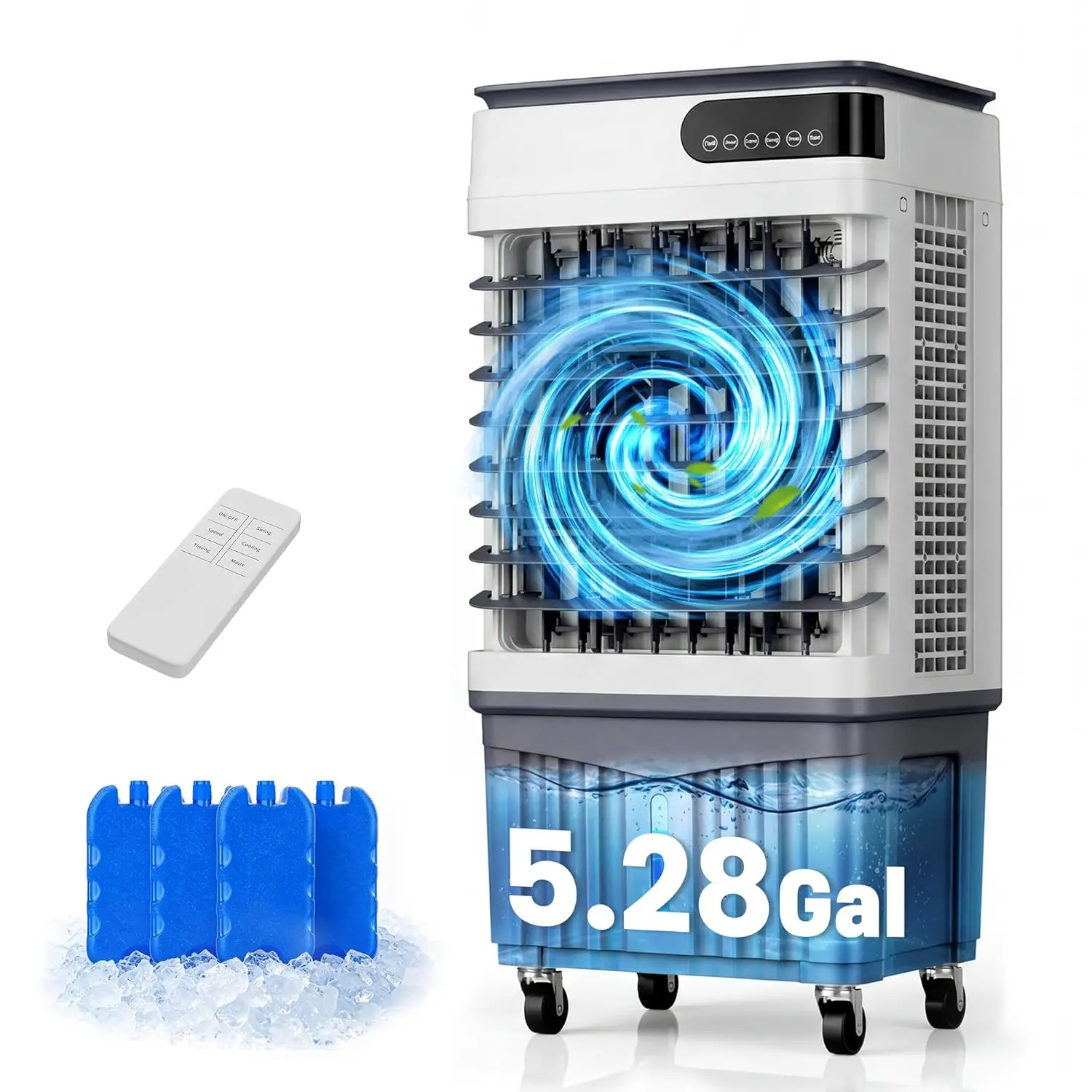4-IN-1 Portable Evaporative Cooler 5.28Gal Tank 4 Ice Packs LED Remote 12H Timer 120° Oscillation Quiet for Large Room, Custom
4-IN-1 Portable Evaporative Cooler 5.28Gal Tank 4 Ice Packs LED Remote 12H Timer 120° Oscillation Quiet for Large Room, Custom