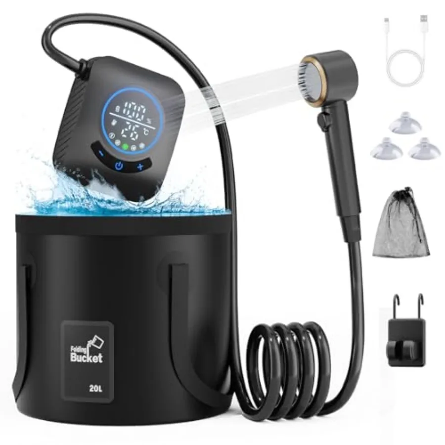 Portable Camping Shower, 8000mAh Rechargeable Outdoor Shower Pump with 20L Collapsible Bucket, Intelligent LED Display, IPX8 Wa
Portable Camping Shower, 8000mAh Rechargeable Outdoor Shower Pump with 20L Collapsible Bucket, Intelligent LED Display, IPX8 Wa