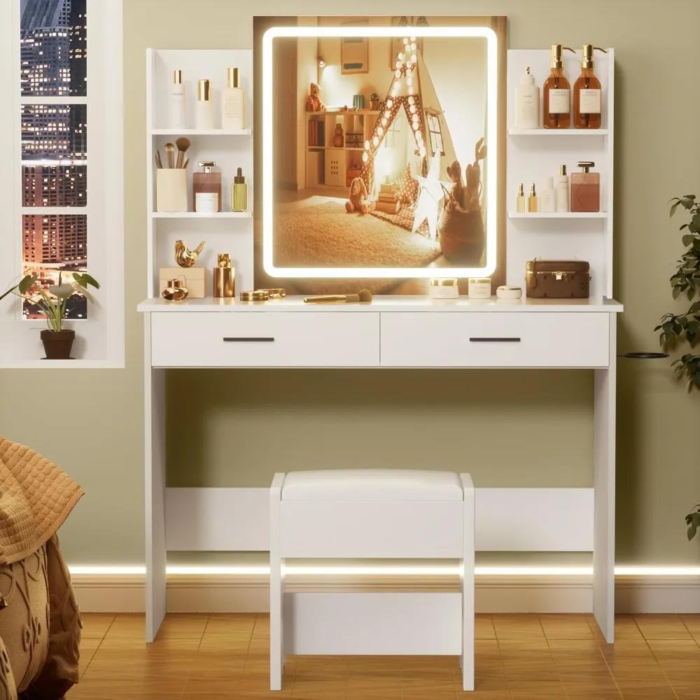 Vanity Desk with Mirror and Lights, 3 Color Modes & Adjustable Brightness, Women Makeup Vanity Table with Drawers,Power Outlet
Vanity Desk with Mirror and Lights, 3 Color Modes & Adjustable Brightness, Women Makeup Vanity Table with Drawers,Power Outlet