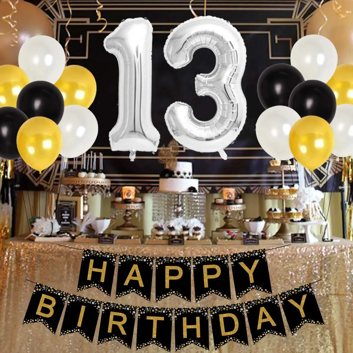 Kreatwow Black Gold Birthday Party Balloon Set with Number 13 Foil Balloon Hanging Swirl for 13th Birthday Decoration Supplies
Kreatwow Black Gold Birthday Party Balloon Set with Number 13 Foil Balloon Hanging Swirl for 13th Birthday Decoration Supplies