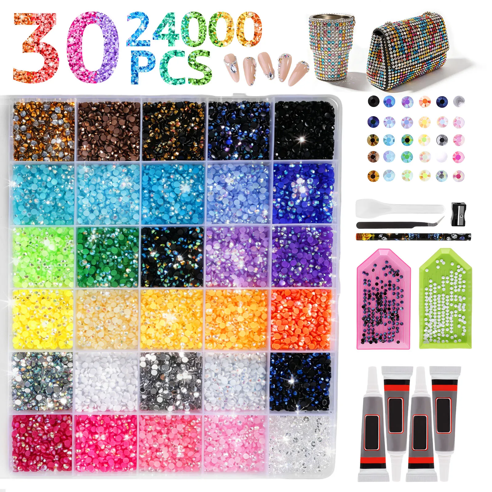 24/30 Colors Mixed Color Resin Drill DIY Rhinestone Bedazzling Kit with 10ml Glue Flatback Nail Drill for Phone Clothing Glasses
24/30 Colors Mixed Color Resin Drill DIY Rhinestone Bedazzling Kit with 10ml Glue Flatback Nail Drill for Phone Clothing Glasses