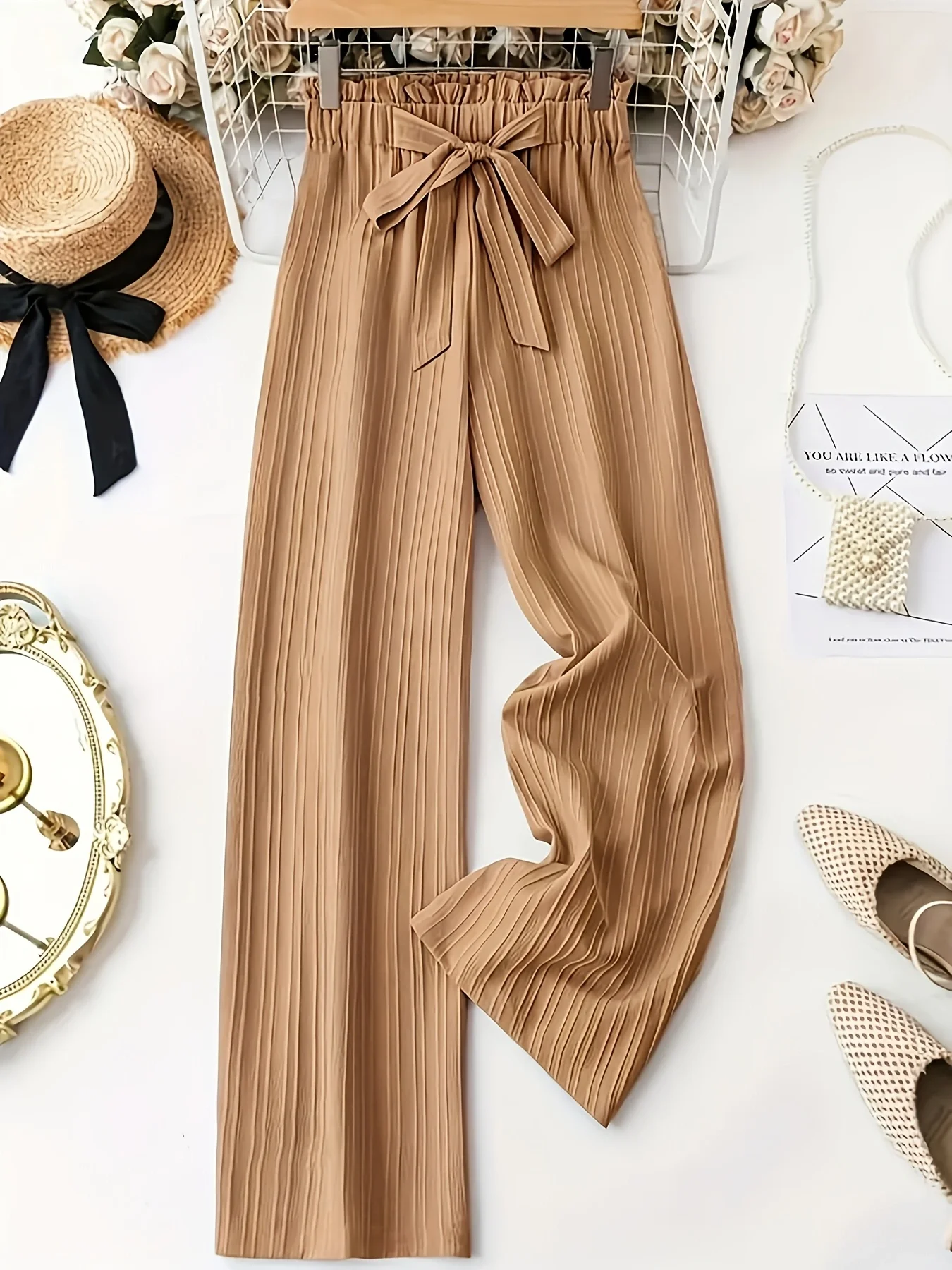 Women's Khaki Textured Wide-Leg Pants, High-Waisted Paperbag Waist with Tie, Draped Straight-Leg Trousers
Women's Khaki Textured Wide-Leg Pants, High-Waisted Paperbag Waist with Tie, Draped Straight-Leg Trousers