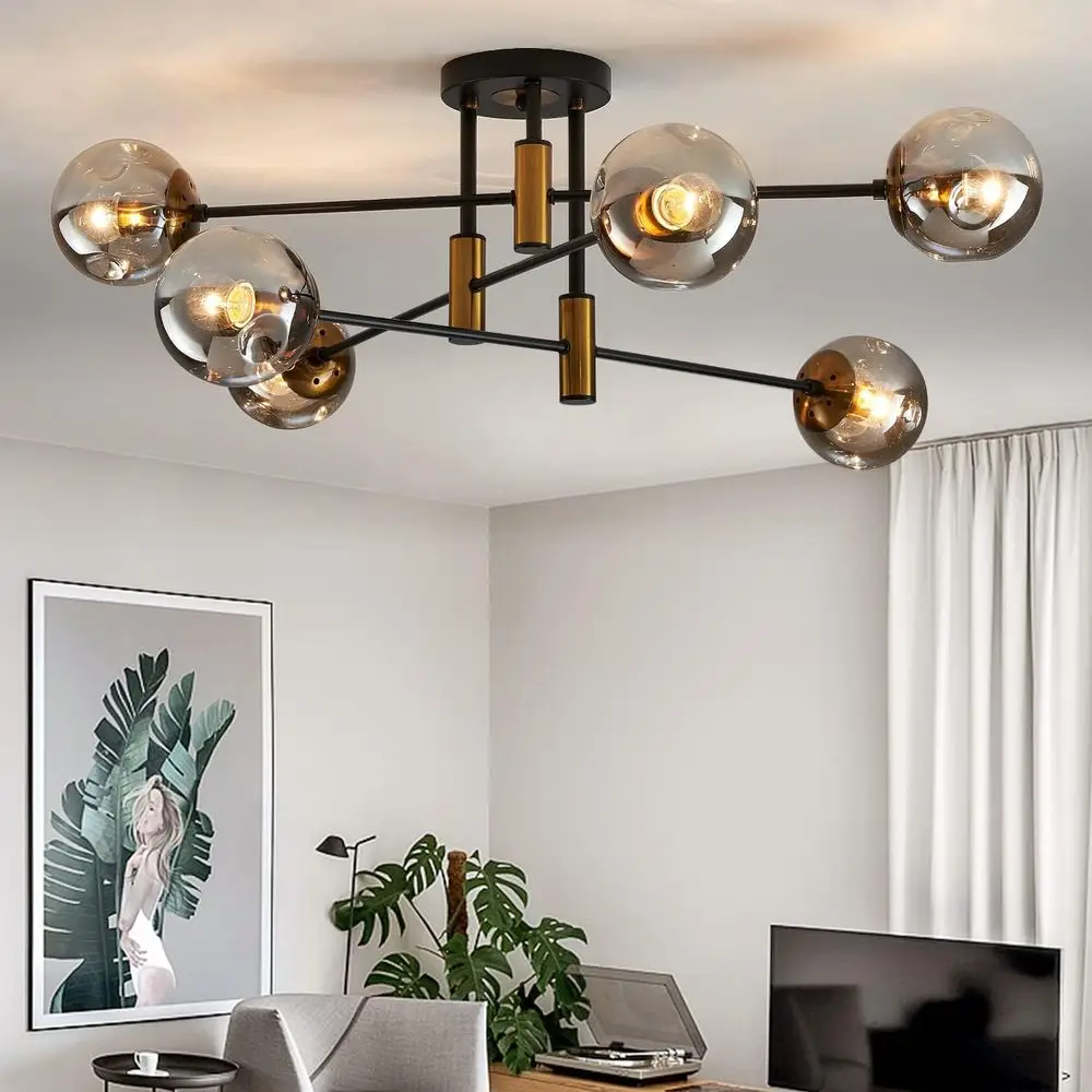 6-Light Glass Globe Sputnik Ceiling Light Fixture, Matte Black and Gold, Vintage Hanging Chandelier for Living Room, Kitchen, Di
6-Light Glass Globe Sputnik Ceiling Light Fixture, Matte Black and Gold, Vintage Hanging Chandelier for Living Room, Kitchen, Di