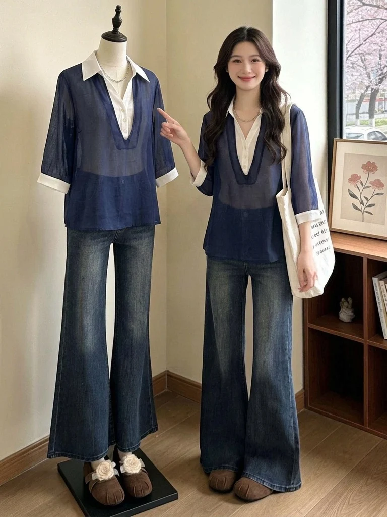 Elegant Dark Blue V-Neck Short Sleeve Shirt Women's plus Size Summer New Style Korean Version Loose Fit Commute Wind Shirt
Elegant Dark Blue V-Neck Short Sleeve Shirt Women's plus Size Summer New Style Korean Version Loose Fit Commute Wind Shirt